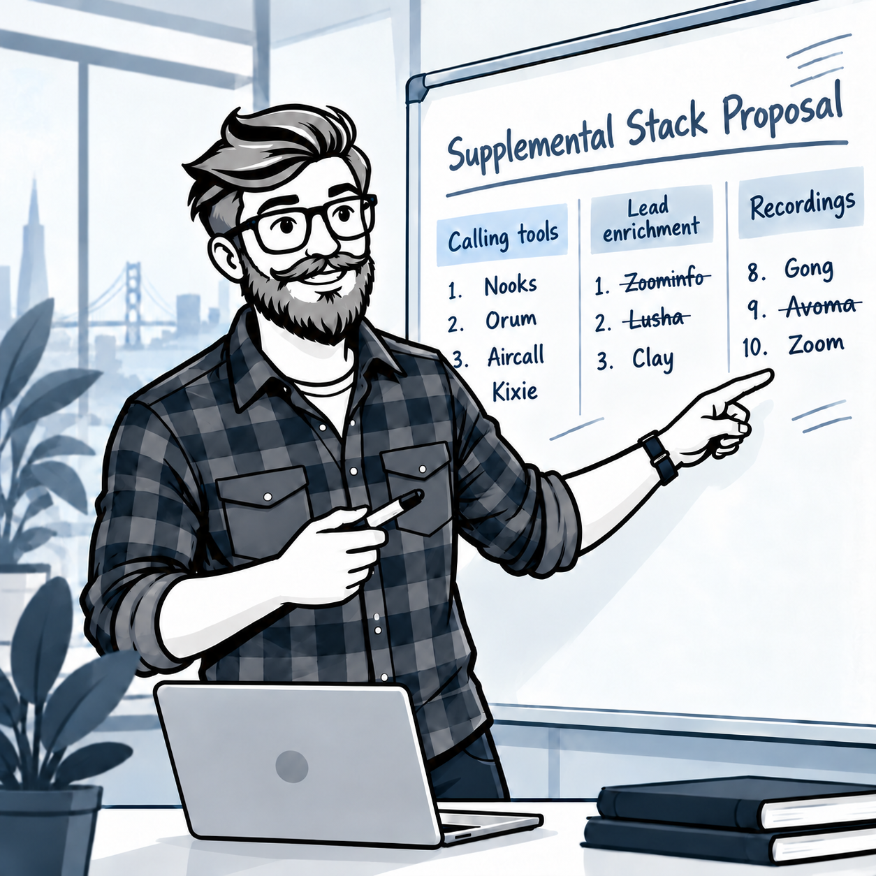 Illustrated sales consultant pointing to a deal-flow whiteboard