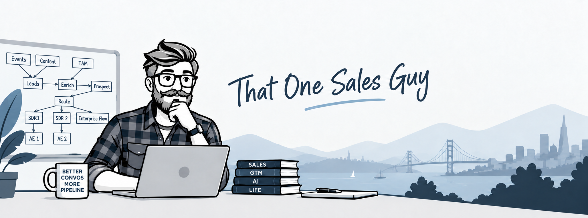 Illustrated sales workspace with Justin, his laptop, sales books, and the San Francisco Bay skyline